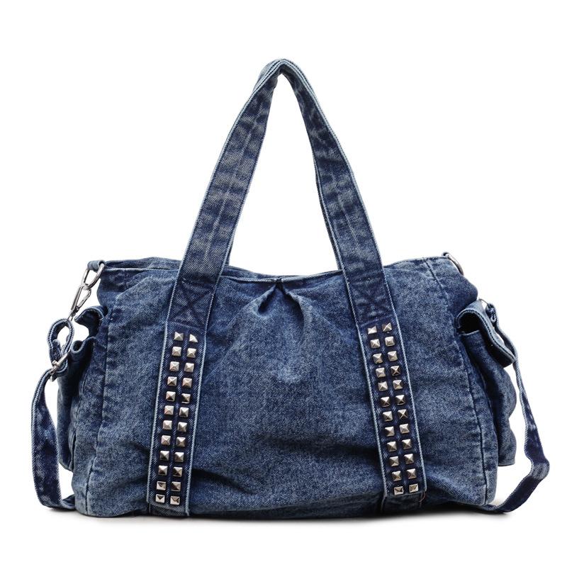 

Vintage Denim Shoulder Bag Large Capacity Multi-pocket Travel Storage Tote Women Wide Shoulder Strap Rivet Design Crossbody Bag 38X20X24CM темно-синий