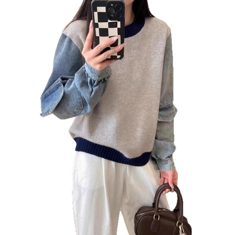 Splicing denim design knitted sweater top autumn and winter new loose casual contrasting sweater pullover women