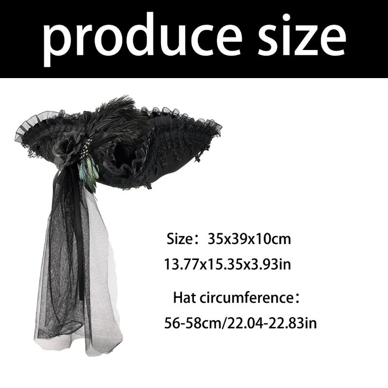18th Century Pirate Captain Tricorn Hat With Adjustable Lace And Long Veil For Colonial Costume Halloween RolePlay Game