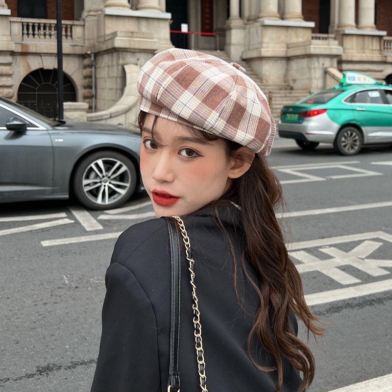 Trendy Japanese Painter Hat Children Spring and Summer Thin and All-Matching Fresh Checked Beret Casual Octagonal Cap Children
