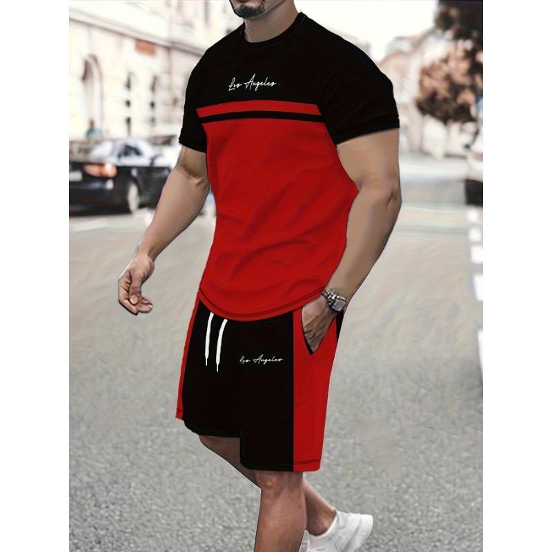 Summer Men's Fashionable Casual Set with Color Blocked Stripes, Letters, High-definition Patterns, Printed Short Sleeved T-shirt+shorts Two-piece Set