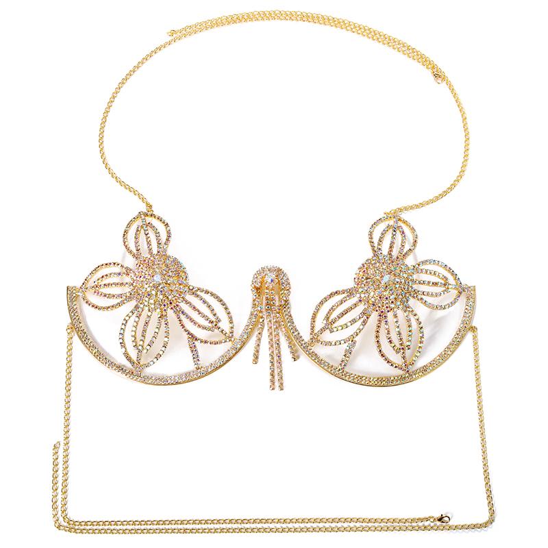 Stonefans Blumen BH Kette Halterung Brust Körperschmuck für Frauen Strass Sexy Bikini 2022 String Badeanzug Top Harness Quaste