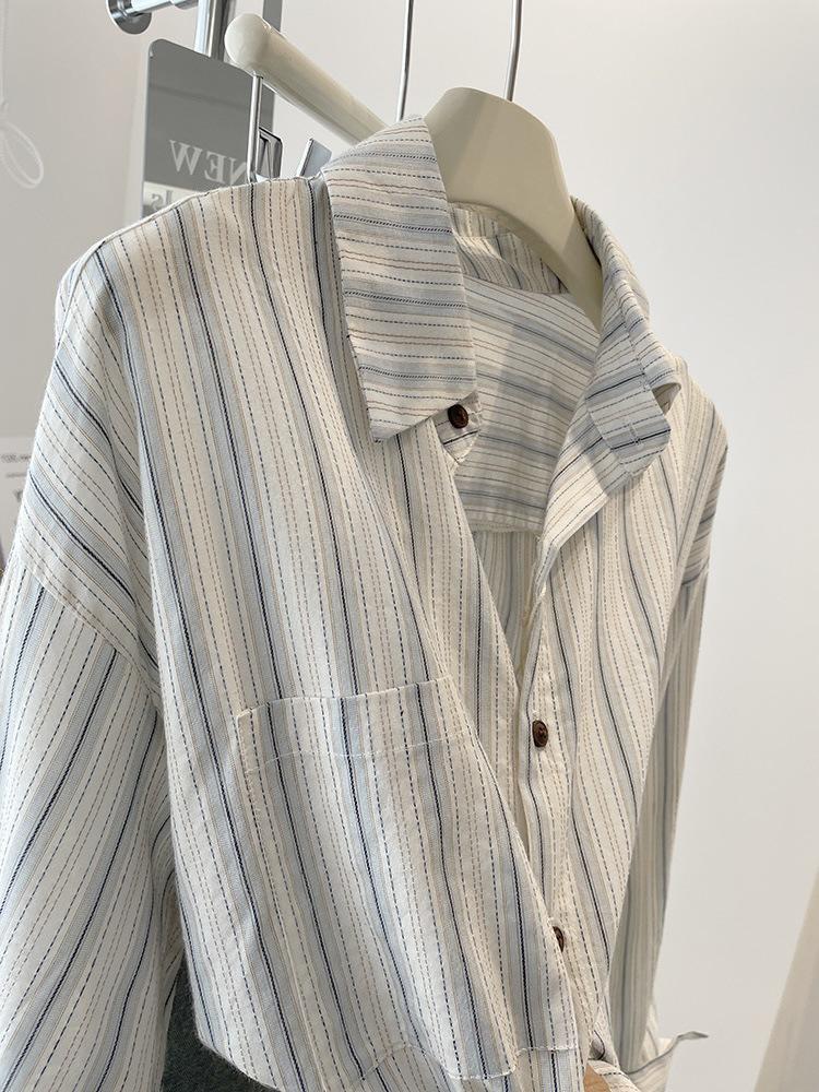 Plus Size French Striped Shirt Jacket – Trendy Light Luxury Hong Kong Style, Long Sleeve, Loose Casual Fit