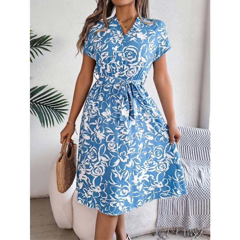 Summer V-neck Short Sleeve Floral Printed Women Dress Casual Fashion Elegant Simple A-line Party Dresses Lace-up Female Women's Clothing