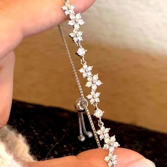 Cubic Zirconia Flower Bracelet, Adjustable Pull-Out Design Bracelet, Slim Lightweight Fit Wristband Jewelry Gift