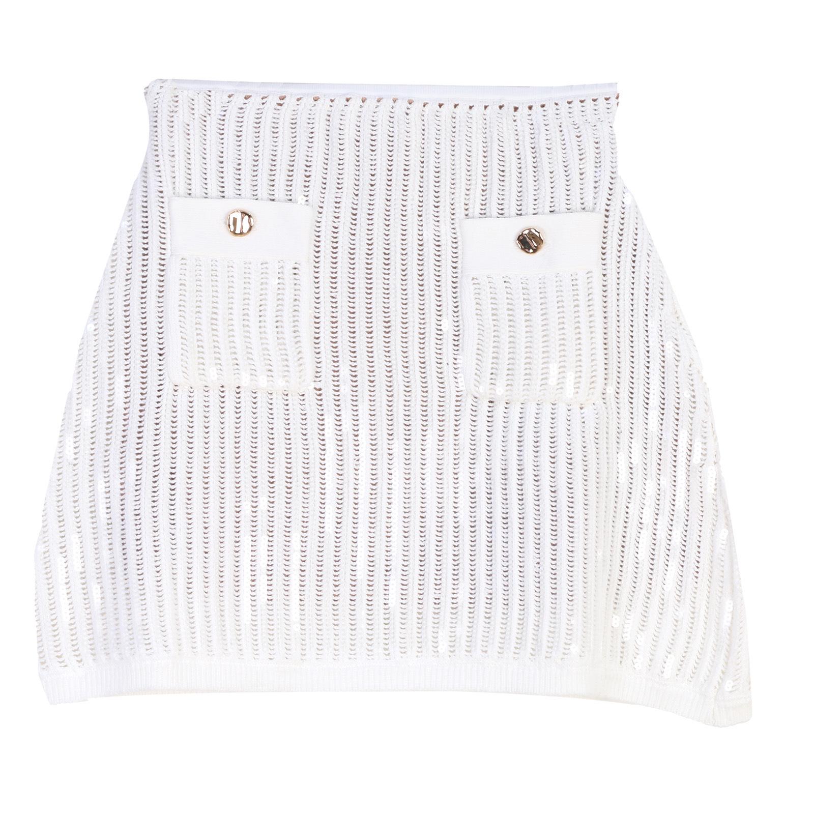 

Женский французский комплект юбки А-силуэта с пайетками, с лацканами, металлической пряжкой и вязаным ажурным кардиганом с короткими рукавами Large