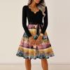 Women Long Sleeve V Neck Halloween Dress Vintage Style Blood Drop Print Casual Fit and Flare Dress with Waist Tie for Seasonal Wear