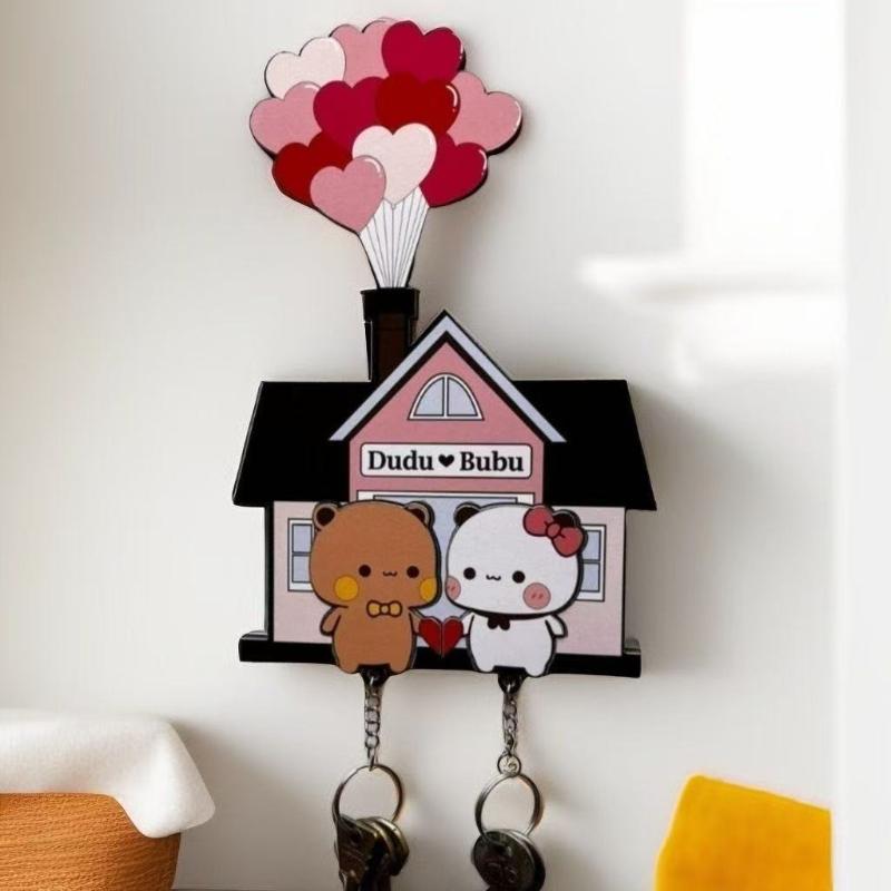 Kawaii Wall Key Holder Panda Bubu And Dudu Acrylic Keychain Hanger Cartoon Backpack Charm Key Ring Pendant Accessory Couple Gift
