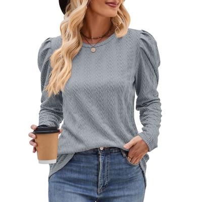 Round Neck Bubble Sleeve Knitting Jacquard Solid Color Top Long Sleeve Women's T-shirts