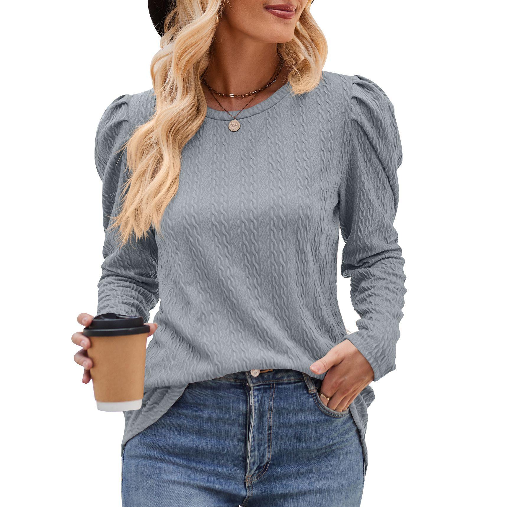 

Round Neck Bubble Sleeve Knitting Jacquard Solid Color Top Long Sleeve Women s T-shirts S