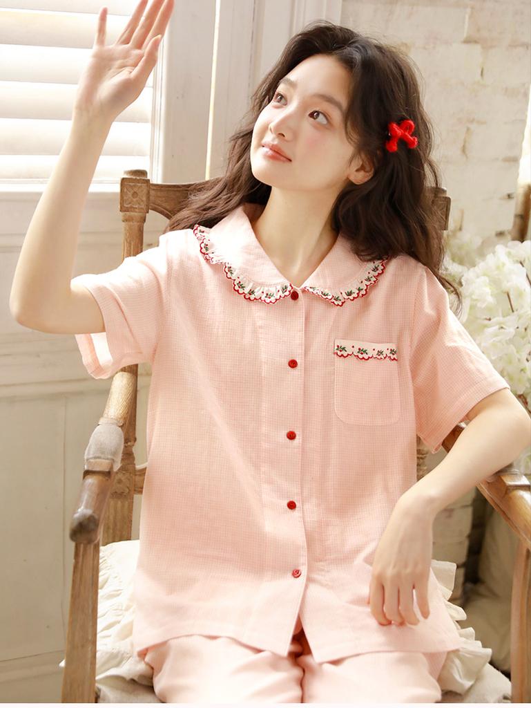 Summer pajamas women's pure cotton cotton yarn sweet high-tech embroidered women's doll collar can be worn outside short-sleeved trousers set 19
