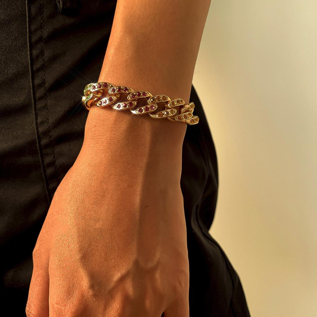 Accessories, simple temperament square hollow jewelry women, colorful micro-inlaid Cuban chain adjustable bracelet