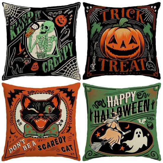 Decorative Bed Cushion Covers 4Pcs/Set Halloween Linen Covers, 18x18 Inch Retro Throw Pillow Cases, Soft Skeleton Pumpkin Black Cat Witch for