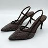 Sandálias de Salto Alto Slingback com Tiras de Rede Marrons para Mulheres, Bico Fino Sexy, Sandálias Salto Agulha, Sapatos de Festa de Luxo, Design de Marca, Sandálias de Mulher