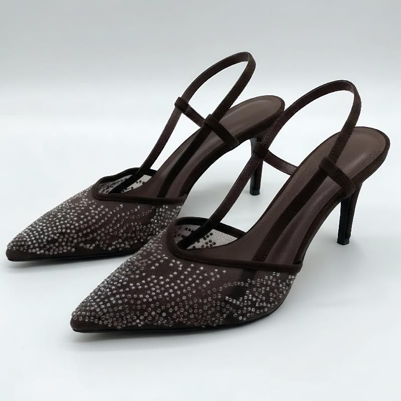 

Brown Mesh String Bead Slingback Heels Women Sexy Pointed Toe Stiletto Sandals Luxury Party Designer Shoes Sandalias De Mujer 42 коричневий