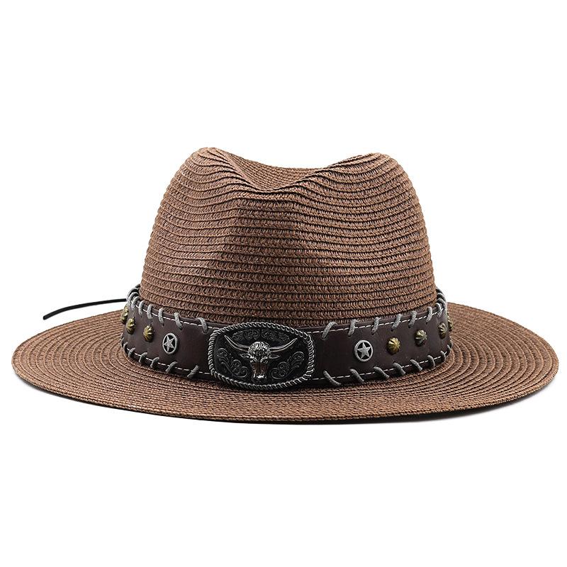European and American retro literary hats cow head decoration western denim straw hat casual jazz hat men's and women's curved hats