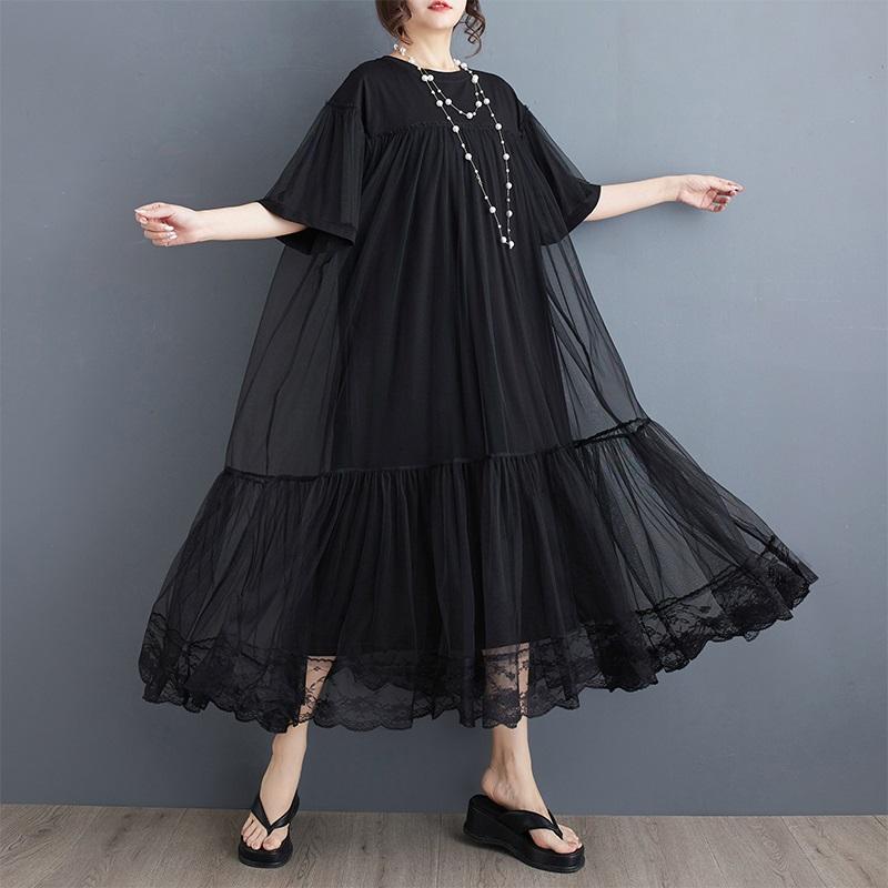 Short Sleeve Plus Size Black Cotton Mesh Vintage New In Dresses for Women Casual Loose Long Summer Dress