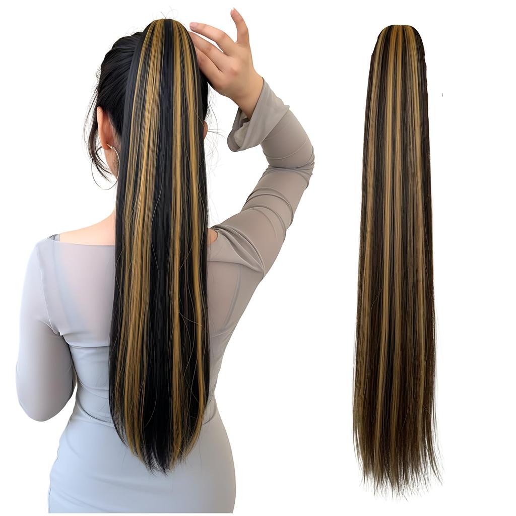 Paradise® Ponytail Hair Extensions for Women & Girls 28”, Brown With Golden Highlights Straight Long Length Half Wig, Claw Clip Clutcher Synthetic