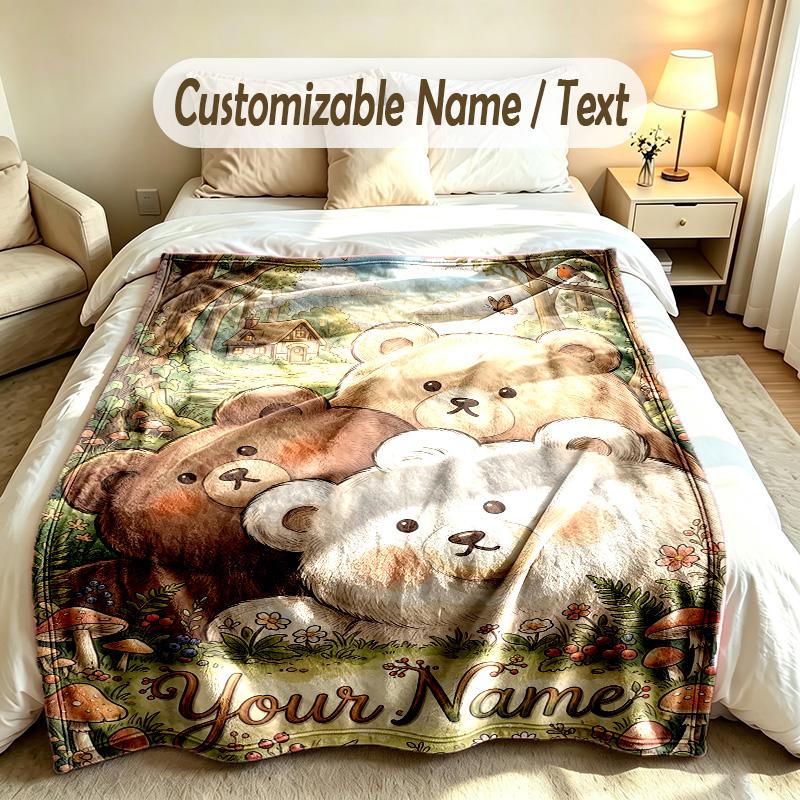 Teddy Bear Theme Custom Blanket Personalized Name & Text Customized Soft Warm Throw Blanket Home Decor