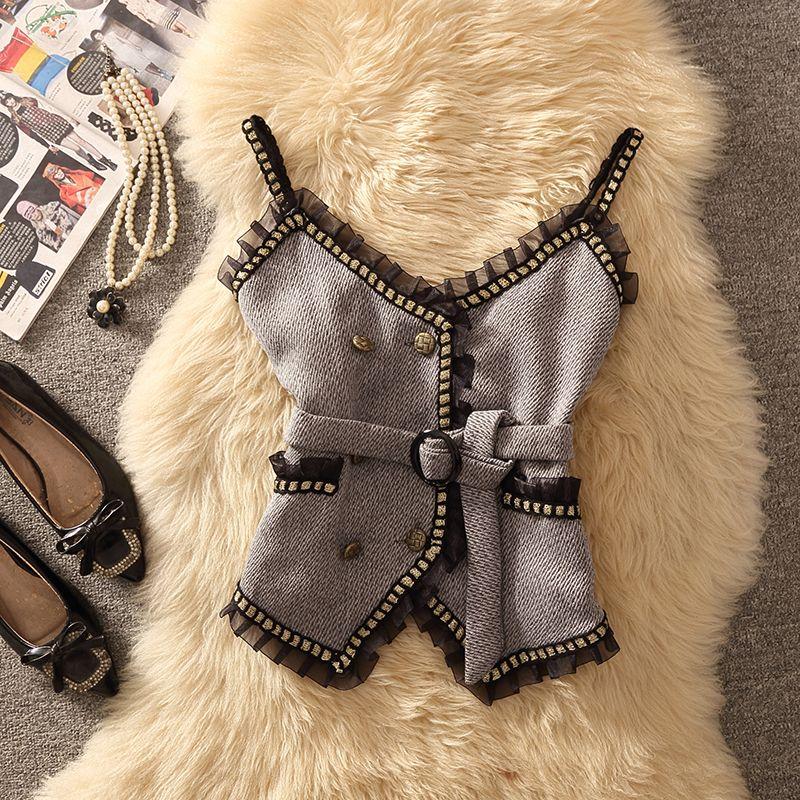 

Retro Short Two-Piece Suit Long Sleeves Tops Sling Vest Grey vest XL(55.00 kg-62.50 kg wear])