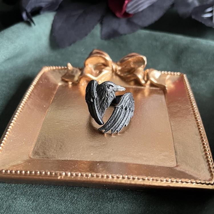 Style Thai Silver Personality Goth Punk Retro Wings Dark Black Crew Opening Adjustable Ring Jewelry