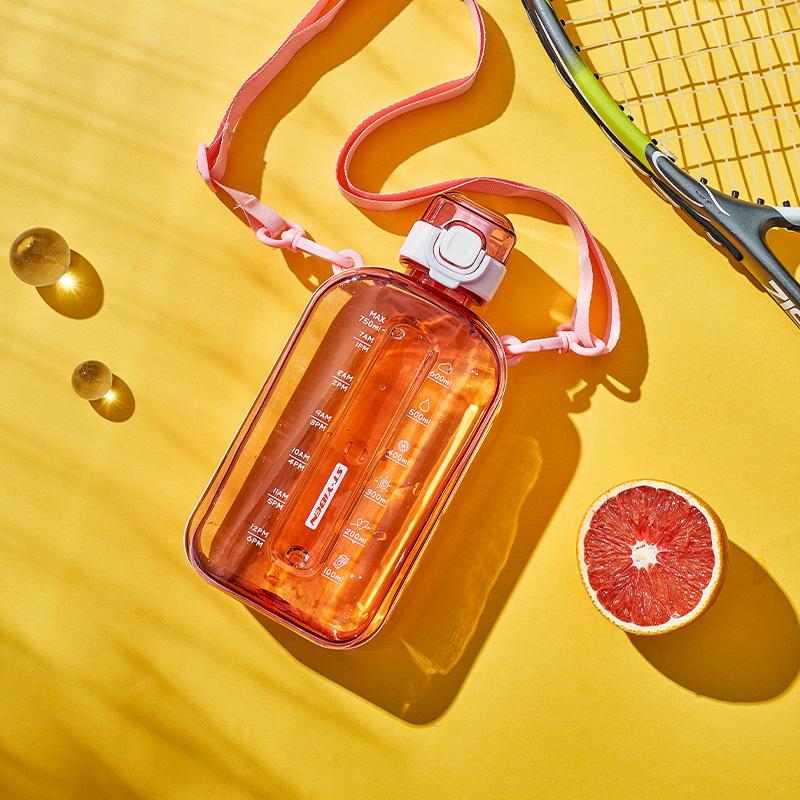 Square Flat Transparent Portable Water Bottle with adjustable strap lightweight for hiking school travel office