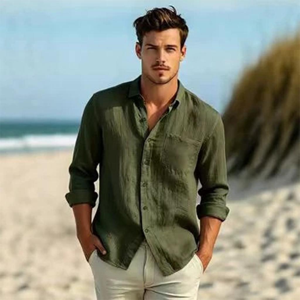 Men's Long Sleeve Button Down Shirt Cotton Linen Casual Front Button Closure Color