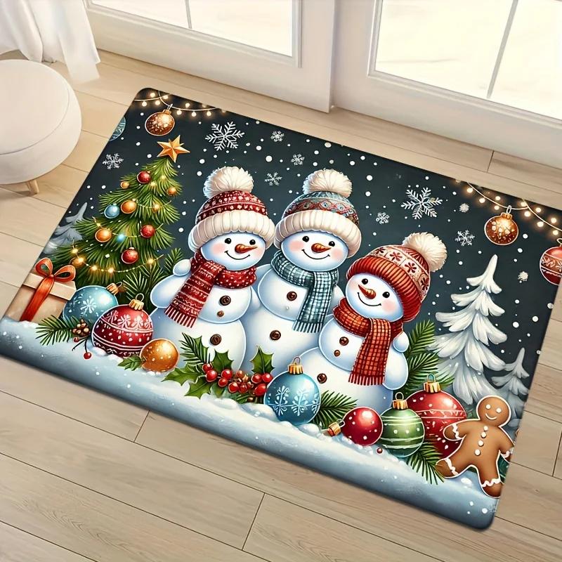 Winter Christmas Snowman Pattern Rug Bedroom Hallway Entrance Door Mat Non-Slip Stain-Resistant Rug Home Decor