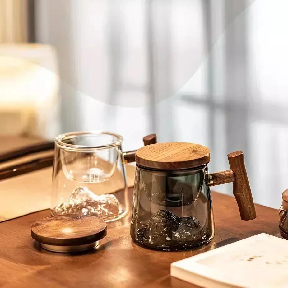 Glass Tea Cup With Wood Handle Chinese Heat Resistant Puer Cups High Quality And Convenient Kung Fu Tea Cup Set