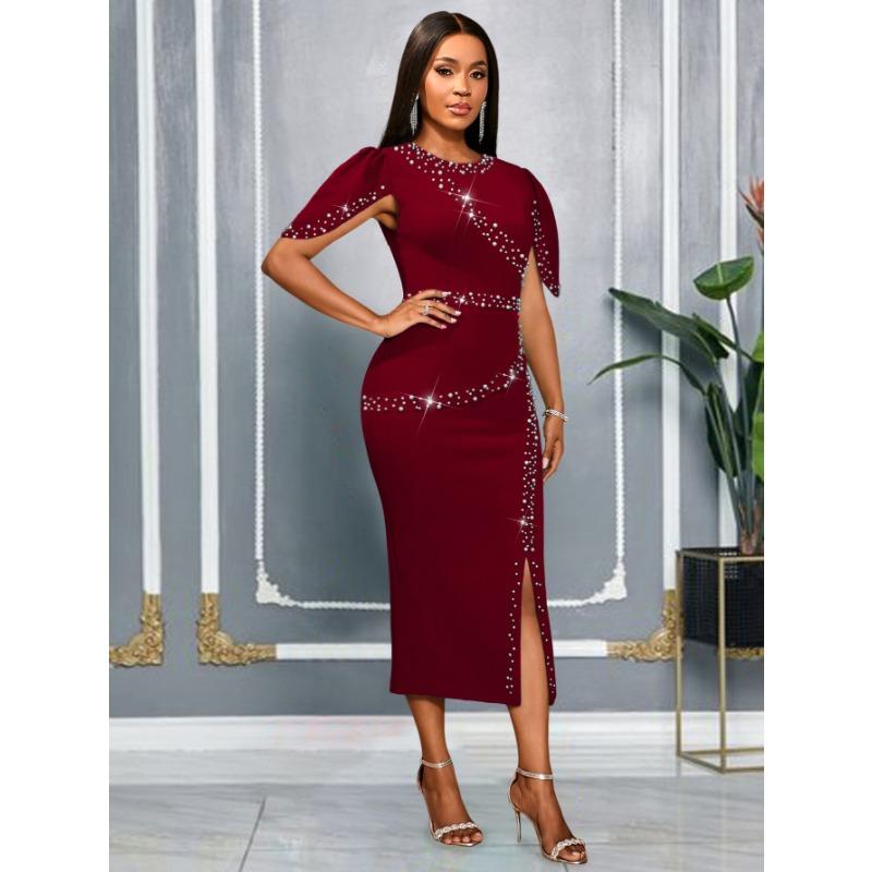Women Elegant Round Neck Beaded Ruffle Sleeve High Waist Slit Bodycon Midi Dress