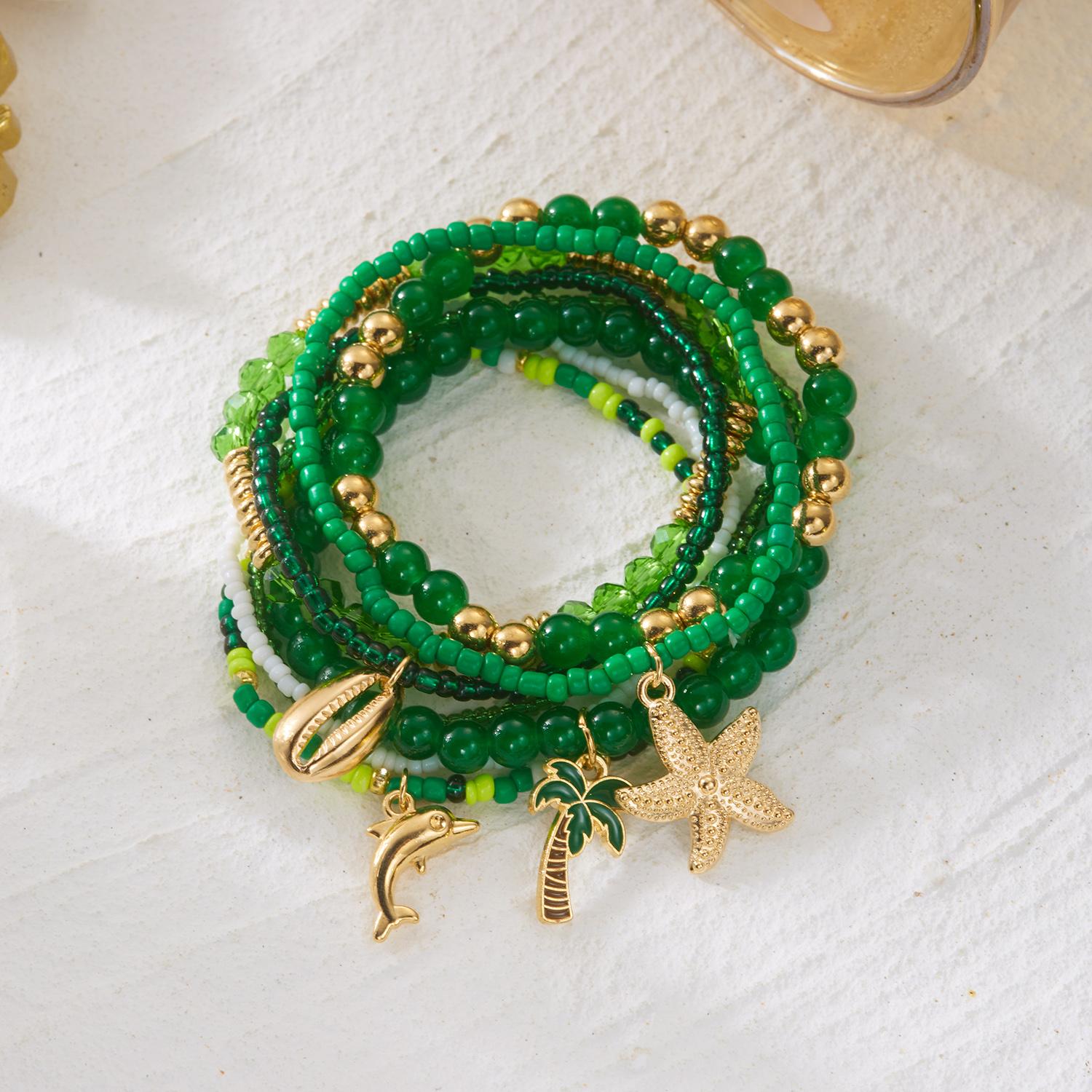 

Cute Dolphin Coconut Tree Stackable Bracelets Set for Women Bohemian Shell Green Beads Handmake Bracelet Festival Jewelry Gift