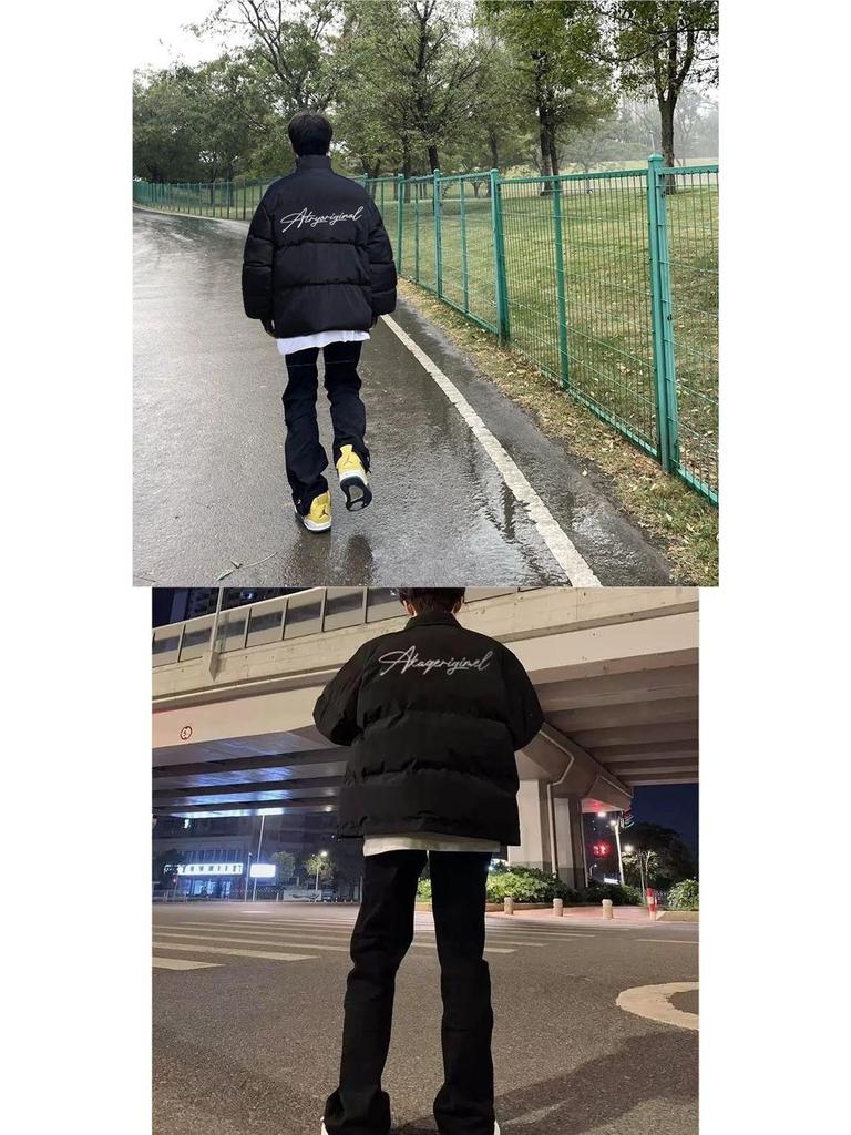 Unisex American Print Cotton Puffer Jacket, Black Stand Collar, Winter-Ready, Thick, Casual Coat