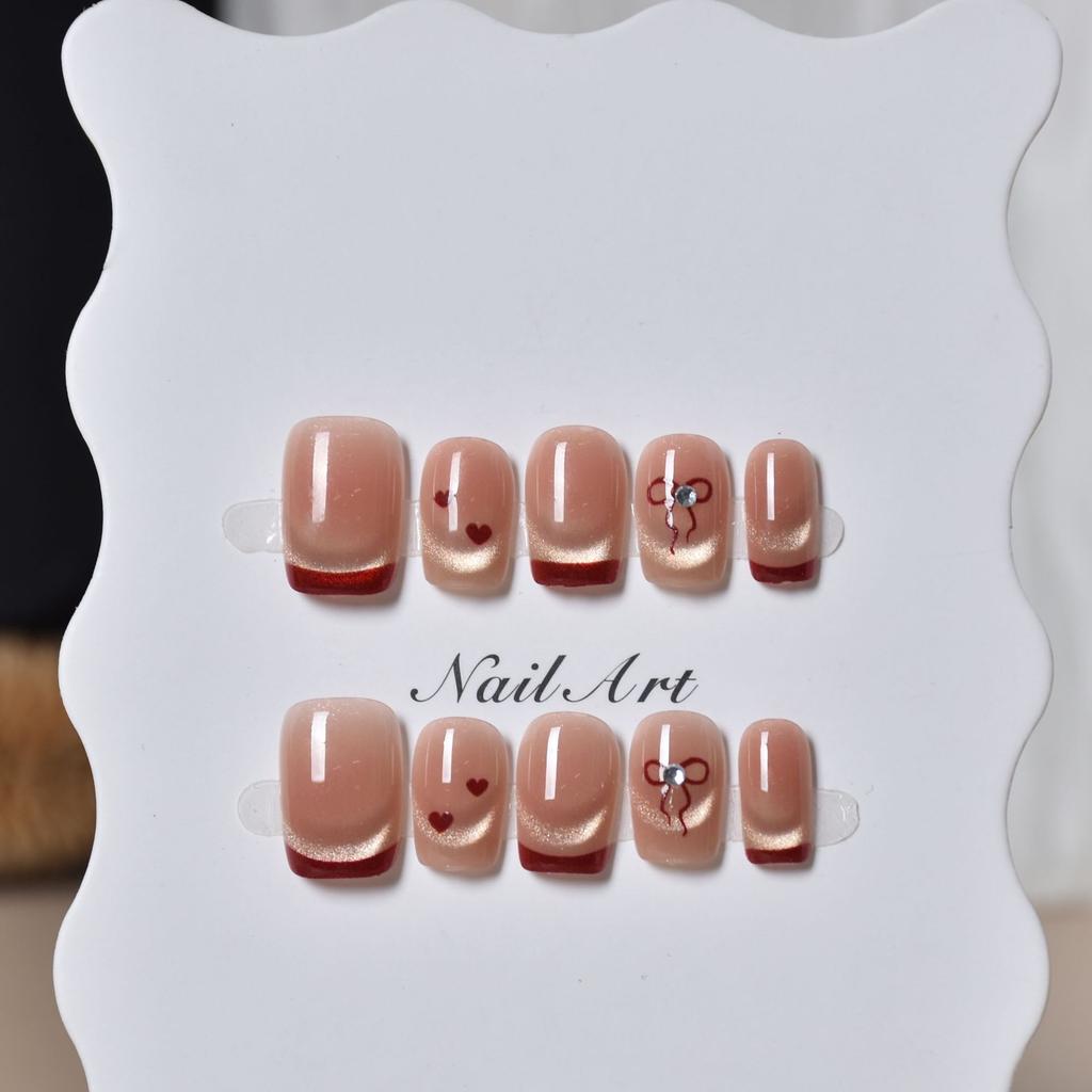 Valentine's Day Sweetheart French Cat's Eye Wear Nail, Bow Point Diamond Detachable Wear Nail Art, Spot