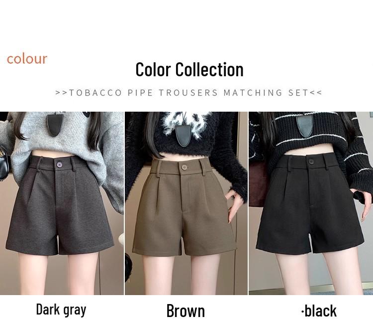 Plus Size Women's Black Wool Wide-Leg High-Waisted A-Line Shorts for Fall/Winter
