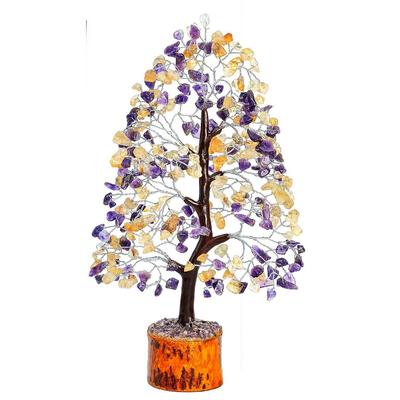 Crystals Gemstones Bonsai Money Tree for Good Luck, Decoration Gift Item - 10-12 Inch (Amethyst & Citrine Silver Wire)