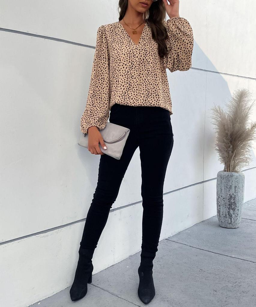 Women's 2024 Spring Leopard V-Neck Long Sleeve Commuting Top