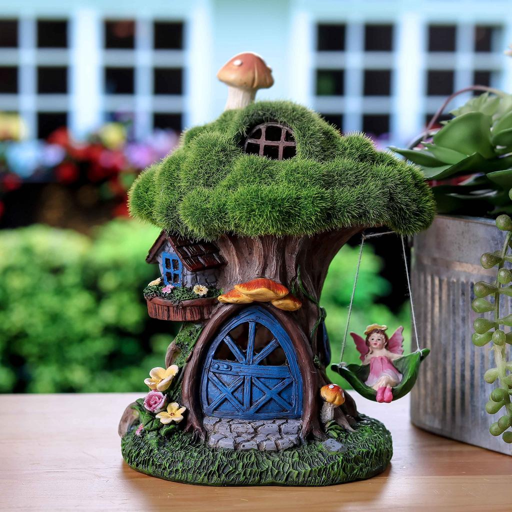 Valery Madelyn Fluffy Fairy House Garden Figurine with Solar Cute Fairytale Garden Outdoor No Batteries Waterproof Ornament, Solar-Powered Light,