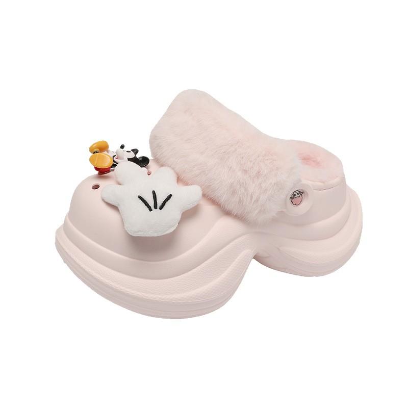 Cute Cartoon Sherry Rose Velvet Hole Shoes for Women To Wear 2025 Autumn and Winter New Muffin Thick-soled Cotton Slippers