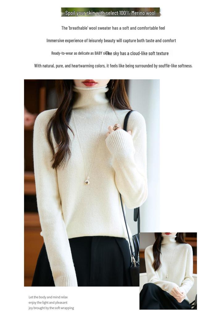 Women's Autumn/Winter Seamless 100% Pure Wool Stacked Collar Sweater - Skeletal Lazy Style Base Layer