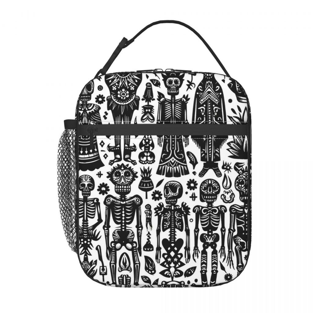 Black Skull Skeleton And Flower Insulated Lunch Bag for Women Kids Leakproof Food Boxes Thermal Lunch Box Tote