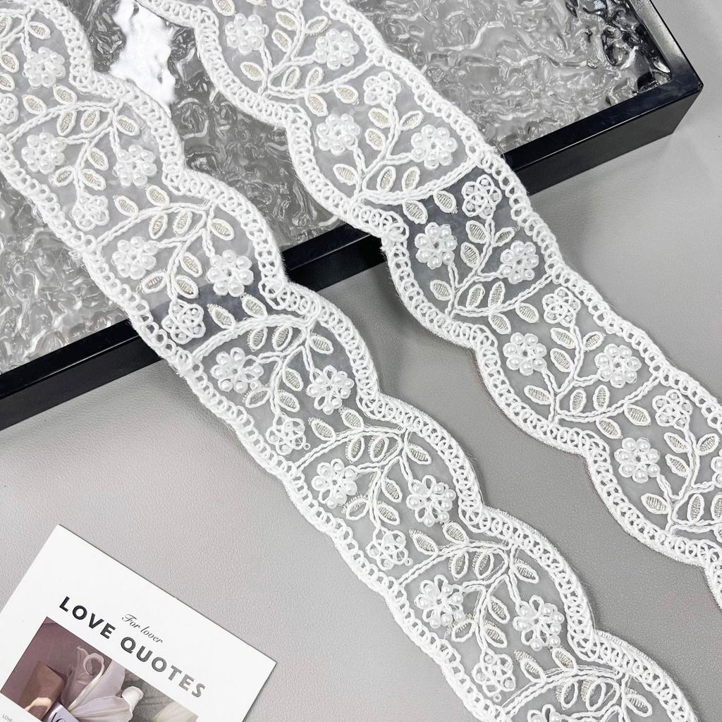 White Organza Strand Beads Three-Dimensional Flower Embroidery Barcode Clothing Cuffs Belt Decorative Lace Accessories