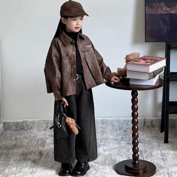 Girls' 2024 Autumn/Winter Sweet Retro Leather Jacket & Sweater Set with Wide-Leg Pants