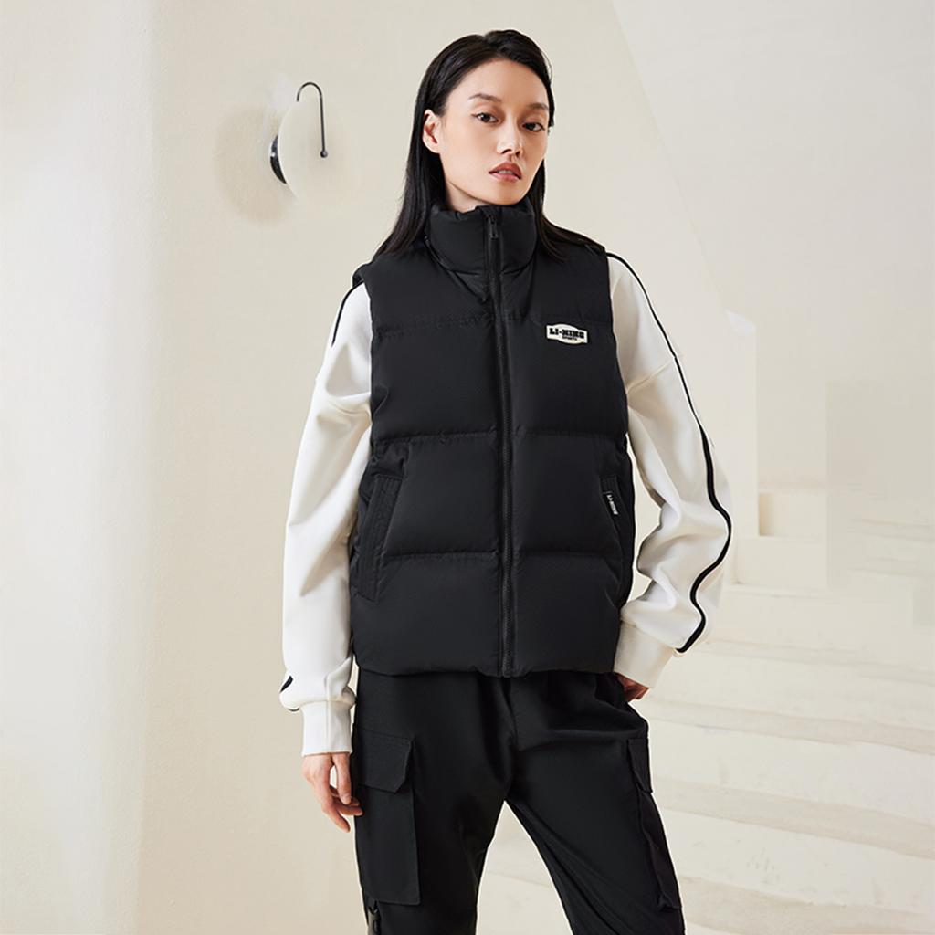Li Ning Sports Trend Series Solid Color Loose Stand Collar Zipper Winter Versatile Casual Cold Resistant Down Vest Women vest Black AMRU124-2