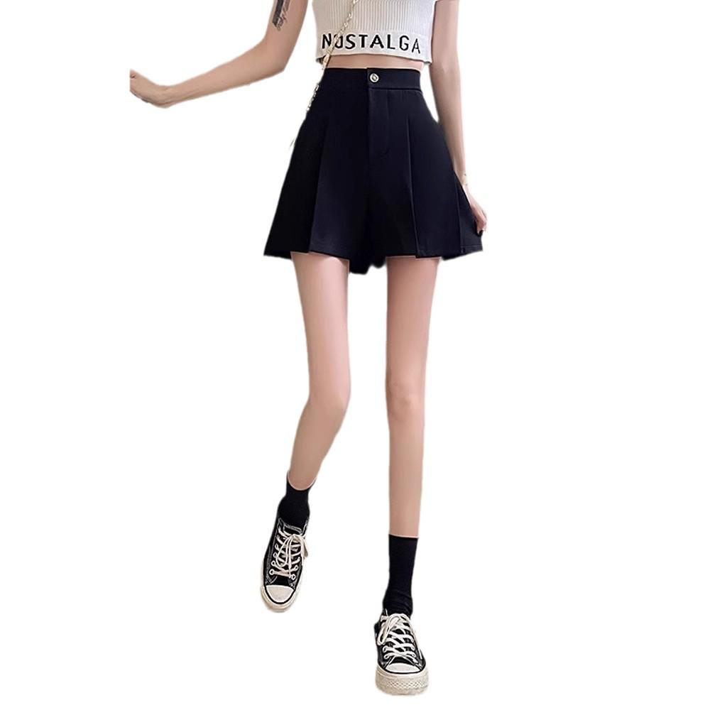 Women's High-Waist Black Casual Summer Shorts, Petite A-Line Wide-Leg Design, 2024 Collection.