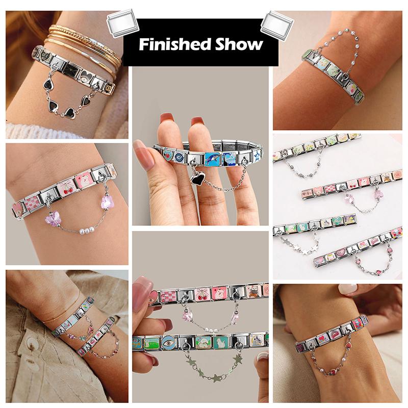Star Butterfly Heart Zircon Round Pearls Tassel Chain Italian Charm Links Fit 9mm Bracelet Stainless Steel Women DIY Making Gift