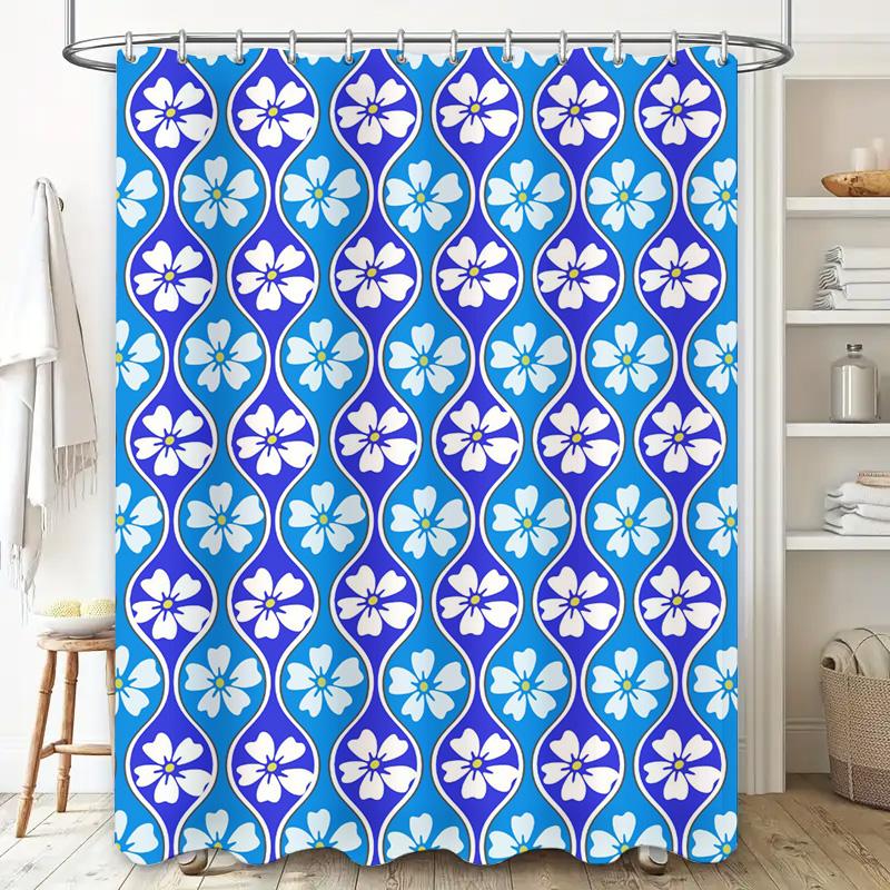 Blue and White Flower Pattern Shower Curtain Waterproof Bathroom Decor Modern Print 3D Fabric Bath Mat Rug Non-slip Microfiber T