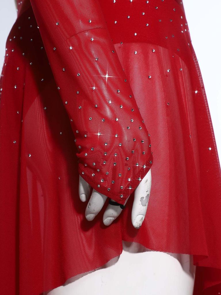 Women's Gymnastics Figure Skating Bodysuit S-XXL: Rhinestone Color Block Mesh Long Sleeve Chest Pleats Jumpsuit with Buttoned Crotch