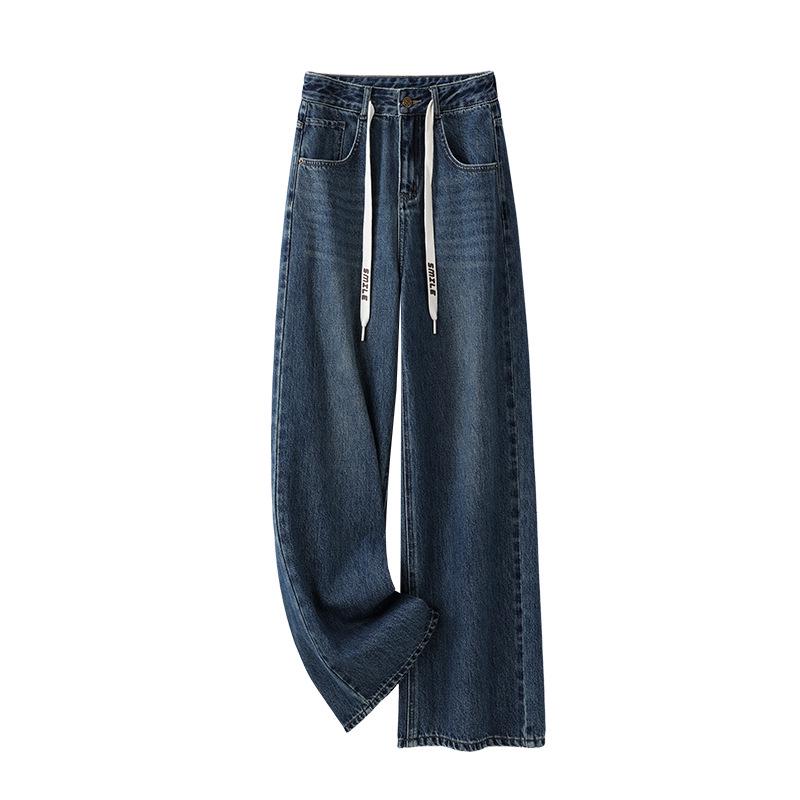 

Женские брюки с высокой талией, весенние, свободные, с широкими штанинами и кулиской - стройнящие, длиной до пола, универсальные и повседневные L (106-115 cm) синий