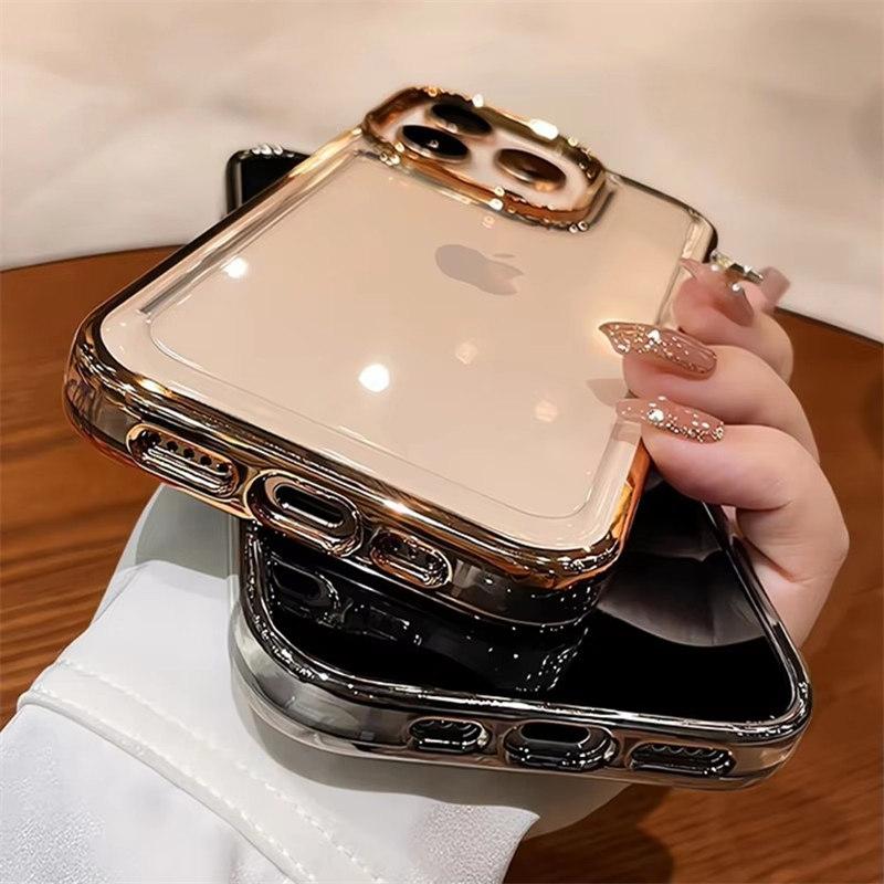 Luxury Plating Transparent Acrylic Case for iPhone 16 15 14 13 12 Pro Max 16 Plus Anti-knock Shockproof Hard PC Armor Cover