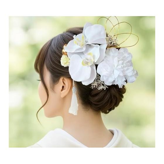 J's Select Phalaenopsis Orchid Flower Hair Accessories Set (10 Pcs) - Ideal for Japanese Traditional Attire, Weddings, Coming-of-Age Ceremonies,